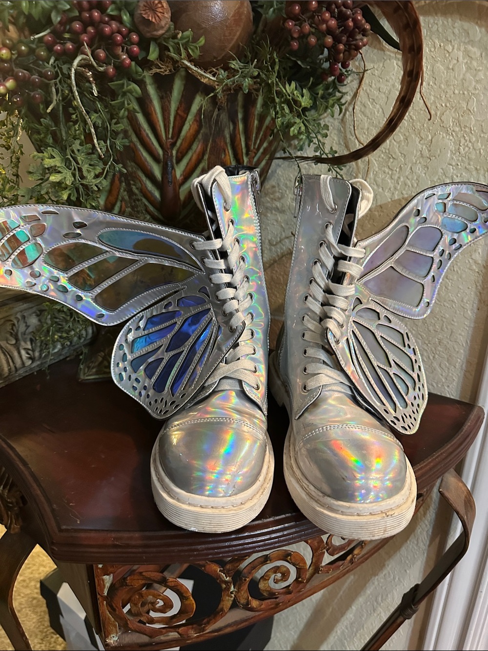 Club Exx Holographic Fairy Wing Lace-Up Boots - Iridescent Silver